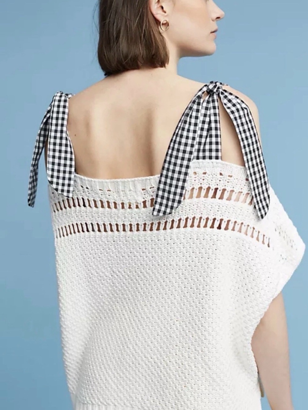 Maeve White Crochet Knit Top with Black Gingham Tie Straps